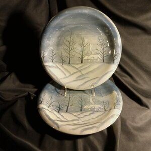 TWO Vintage Dinner Plates Atico High Gloss Iridescent Snowy Christmas Scene